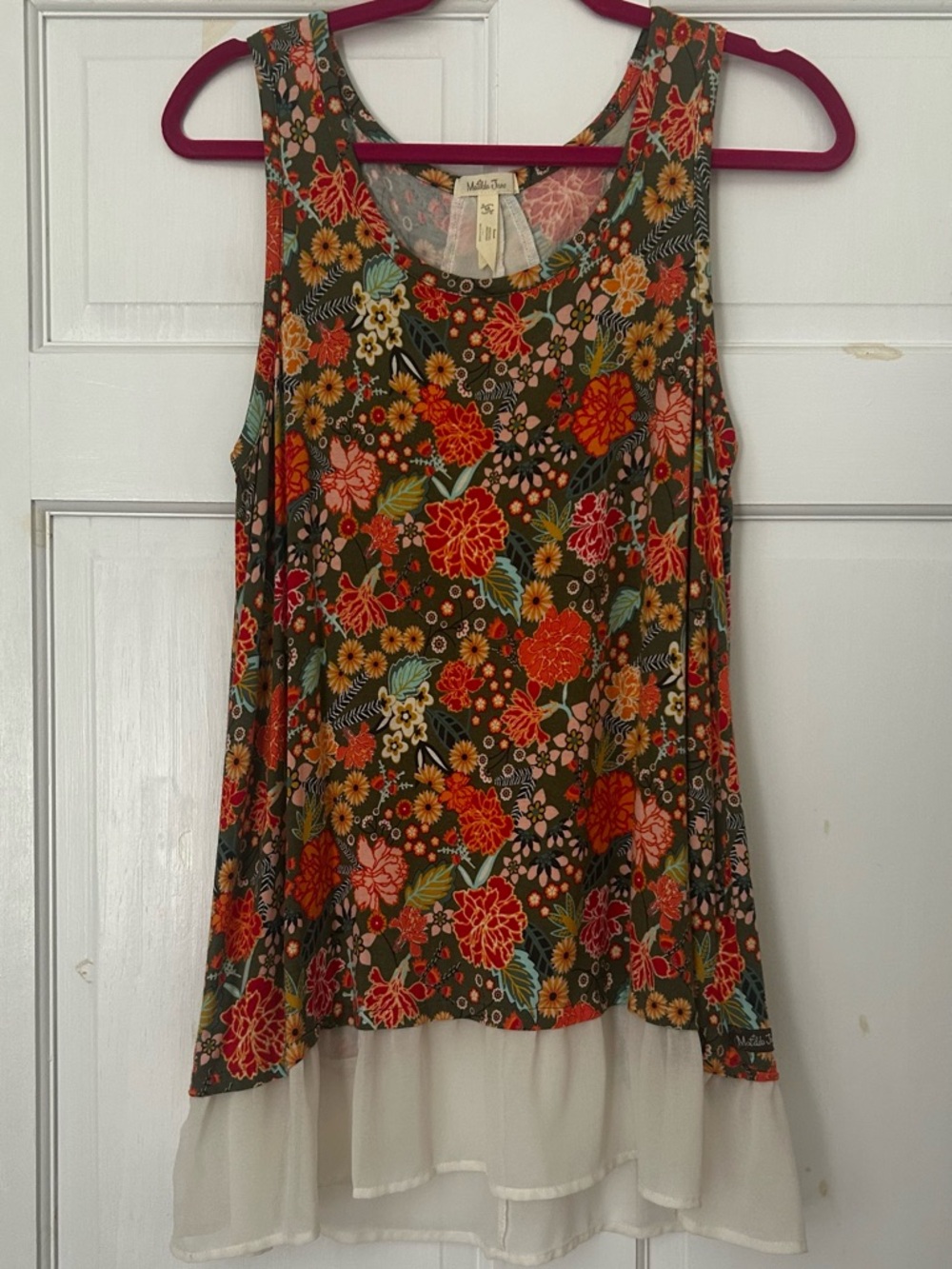 Matilda Jane Olive Floral Tank with Red & Coral Blooms